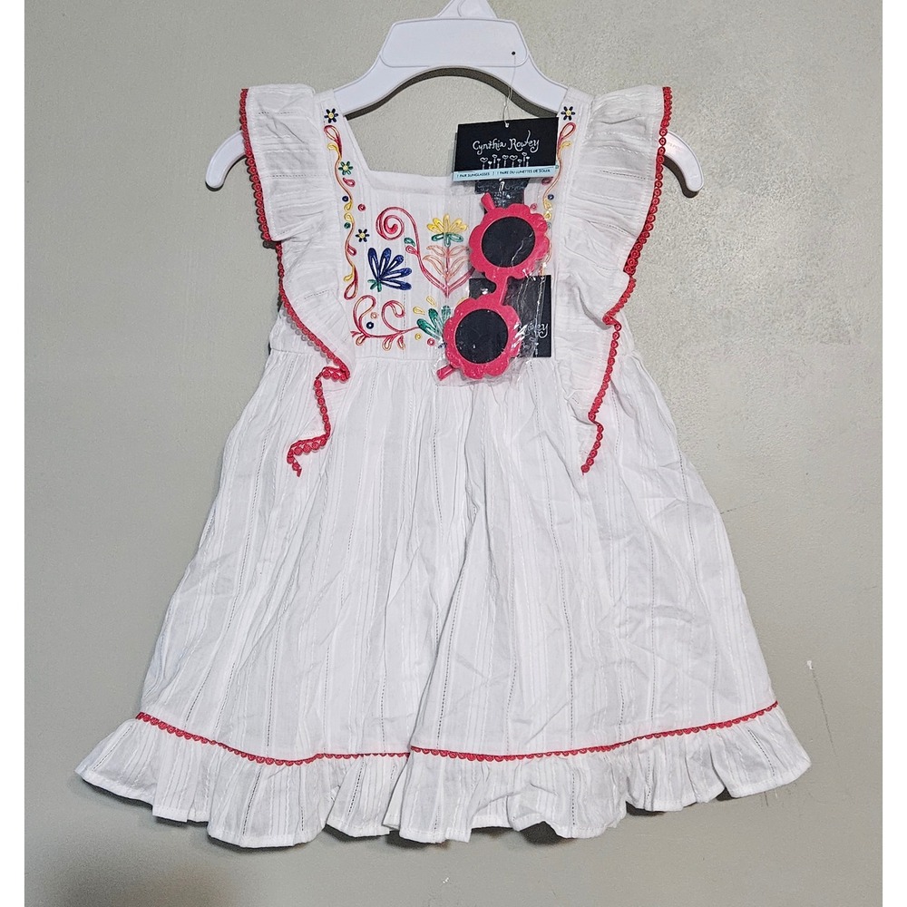 🩷🦋Cynthia Rowley Kids White Embroidered Ruffle‎ Dress with Sunglasses 3T🦋💜
